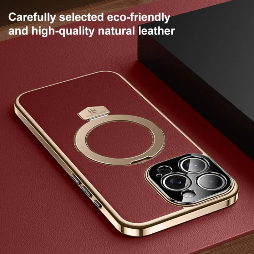 For iPhone 16 Pro Max Plain Leather MagSafe Holder Phone Case(Red)